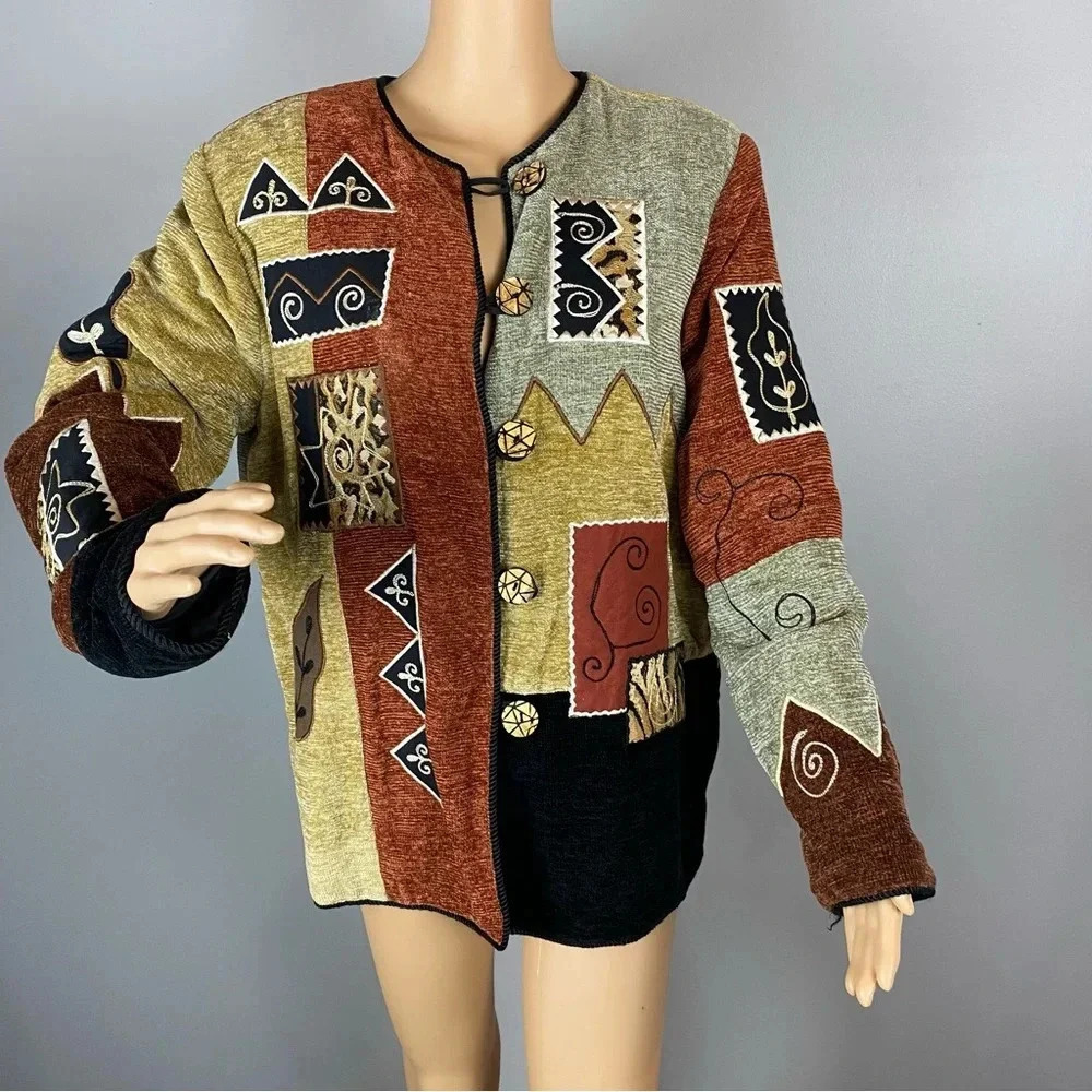 Indigo Moon QVC Womens Medium Beige Color Block Blazer Jacket Button Down